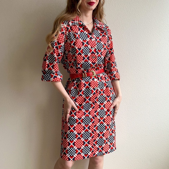 American Vintage Dresses & Skirts - Vintage 1970s Bright Red and Blue Abstract Pattern Dress (L/XL)
